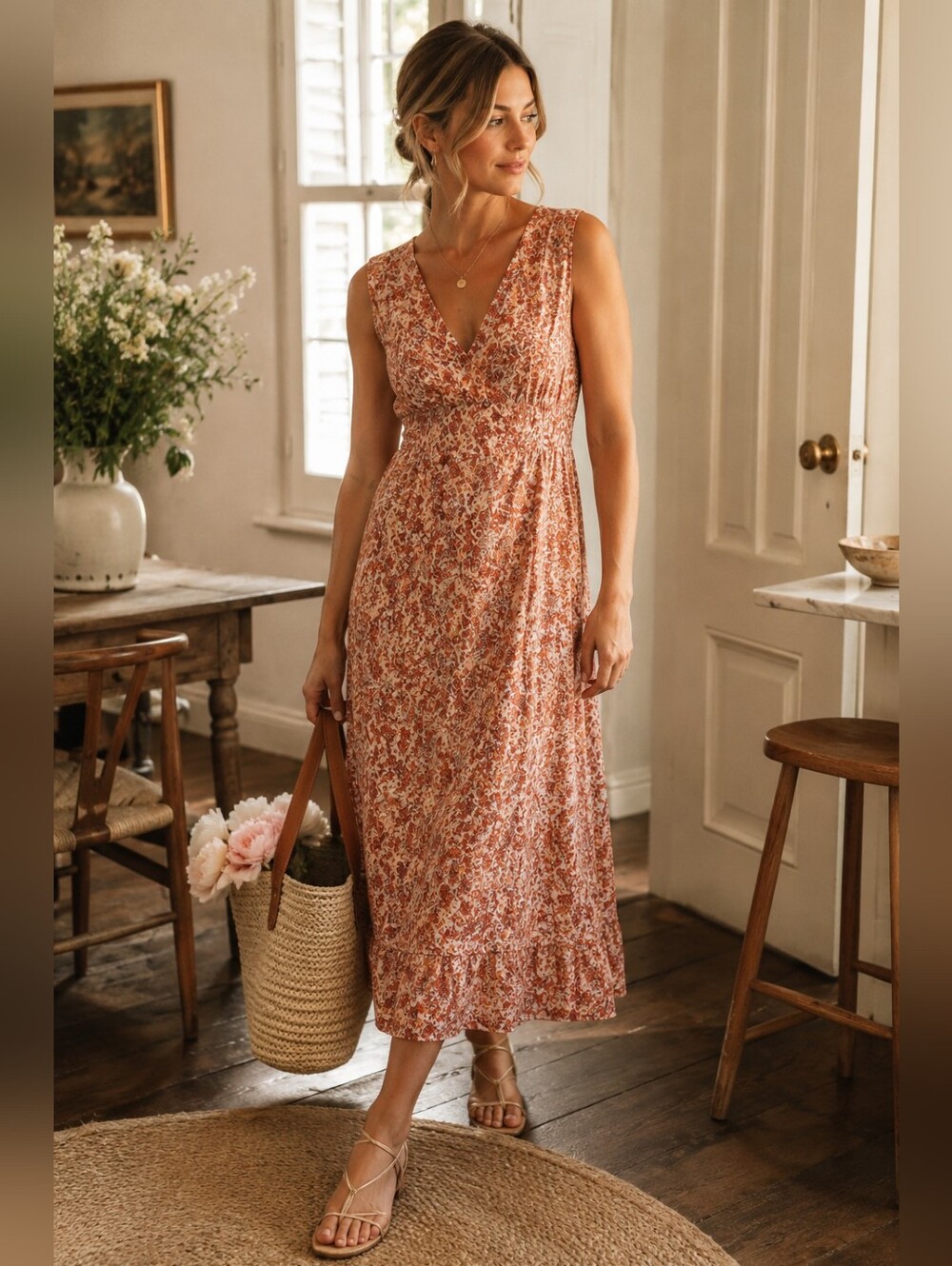 Poupette St Barth Daisy Orange Wild Floral V-Neck Midi Dress Size S